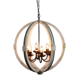 Calder Wooden Orb Shape Chandelier With Metal Chain And Six Bulb Holders; White
