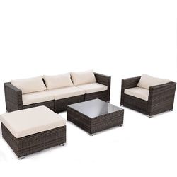 6 pcs Patio Rattan Wicker Furniture Set w/ 2 Set Cushion Cover
