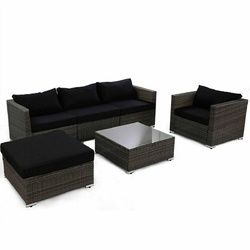 Rattan Wicker Patio Sofa Set with Black Cushion
